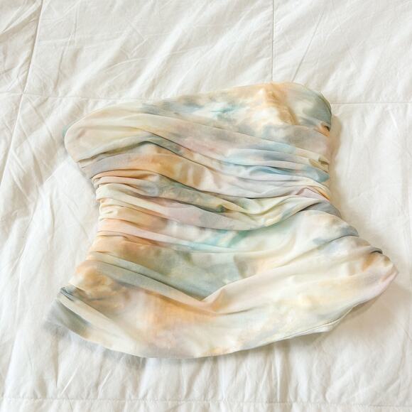 NWOT Blogger Fave Zara Pleated Mesh Strapless Tube Top Pastel Watercolor Print M - Picture 3 of 7